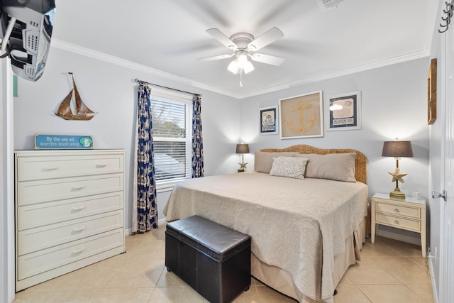 tiled bedroom featuring ornamental molding and ceiling fan