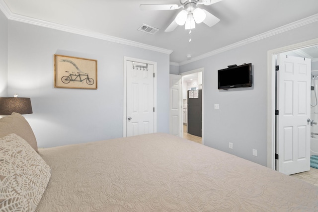 bedroom featuring crown molding, a closet, ceiling fan, and ensuite bathroom