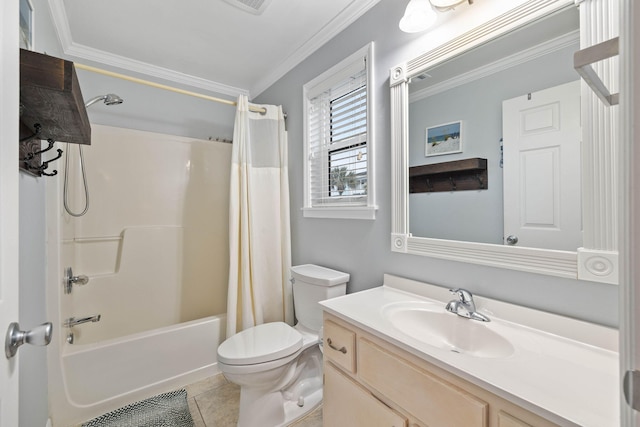 full bathroom with crown molding, vanity, toilet, shower / bath combo, and tile patterned floors