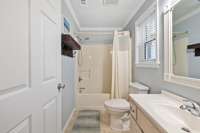 full bathroom with tile patterned flooring, ornamental molding, shower / bathtub combination with curtain, and vanity