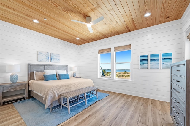 bedroom featuring wood ceiling, ceiling fan, and light wood-type flooring