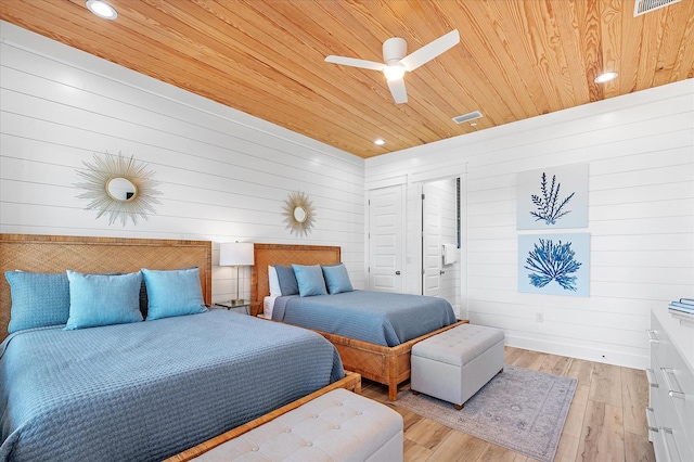 bedroom with ceiling fan, wooden ceiling, and light wood-type flooring