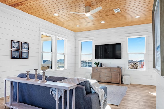 living room with ceiling fan, light wood-type flooring, and wood ceiling