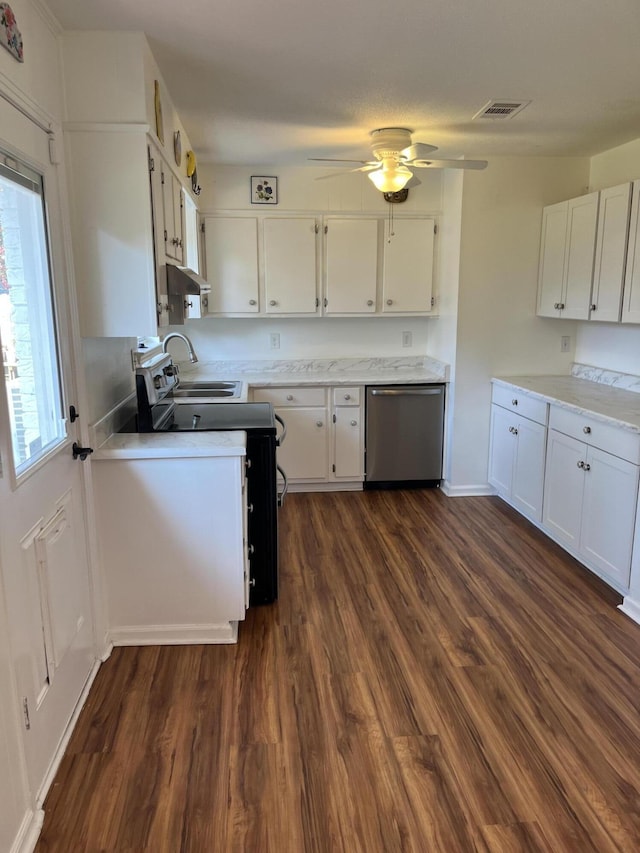 kitchen featuring white cabinetry, dark hardwood / wood-style flooring, dishwasher, and black range with electric cooktop