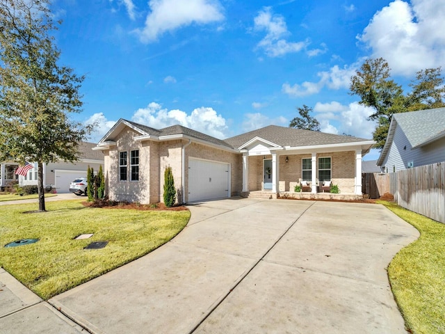 single story home featuring a garage, a front lawn, and covered porch