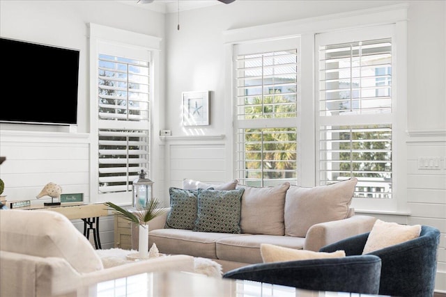 living room featuring ceiling fan