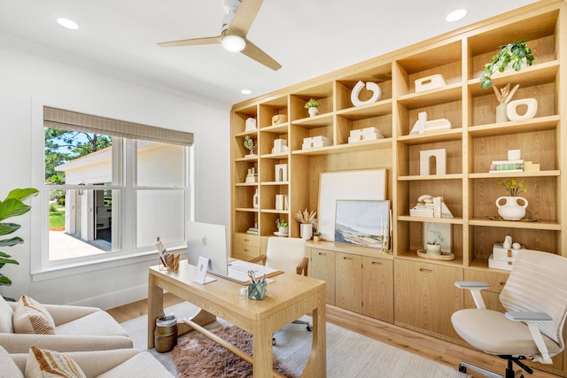 office area with crown molding, ceiling fan, and light hardwood / wood-style floors