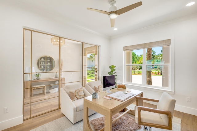 living area with ceiling fan, ornamental molding, and light hardwood / wood-style floors