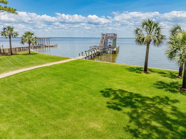 view of dock featuring a water view and a lawn