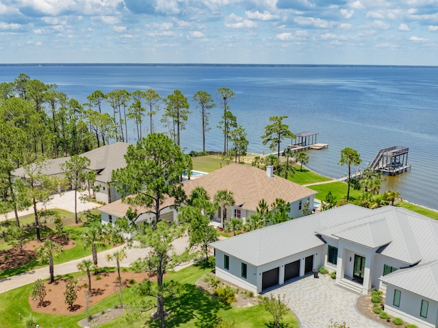 drone / aerial view with a water view