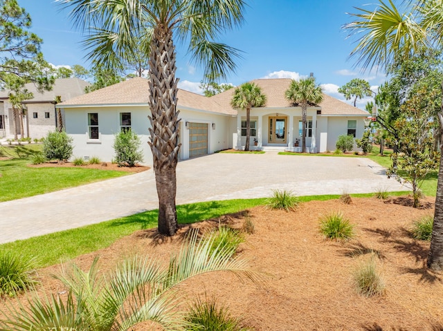 view of front of property featuring a garage and a front lawn