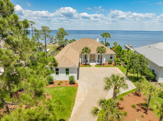 bird's eye view with a water view