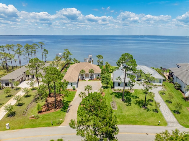 bird's eye view with a water view