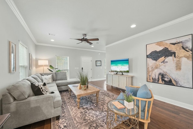 living room with dark hardwood / wood-style flooring, ornamental molding, and ceiling fan