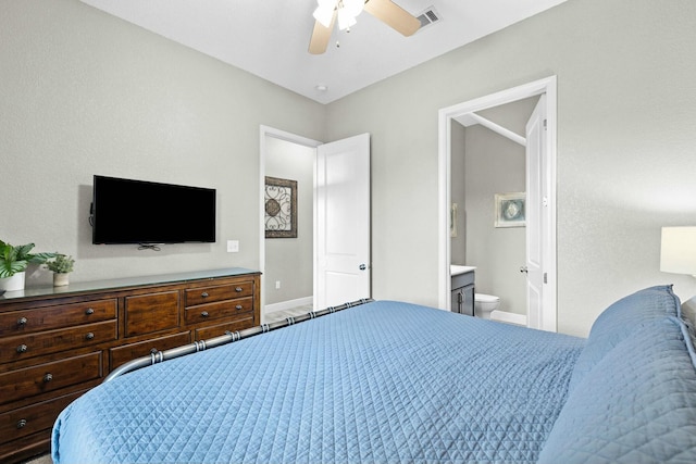 bedroom with ceiling fan and connected bathroom