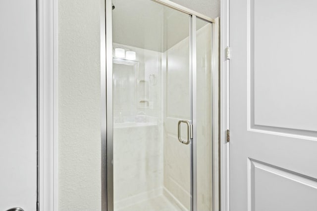 bathroom featuring a shower with door