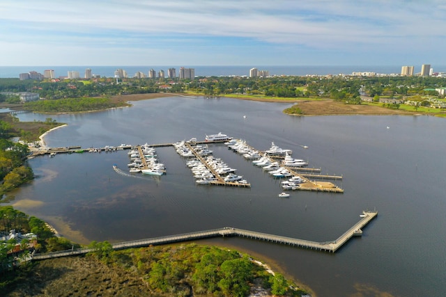 aerial view featuring a water view