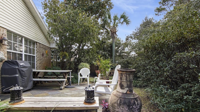 wooden deck with area for grilling and a patio