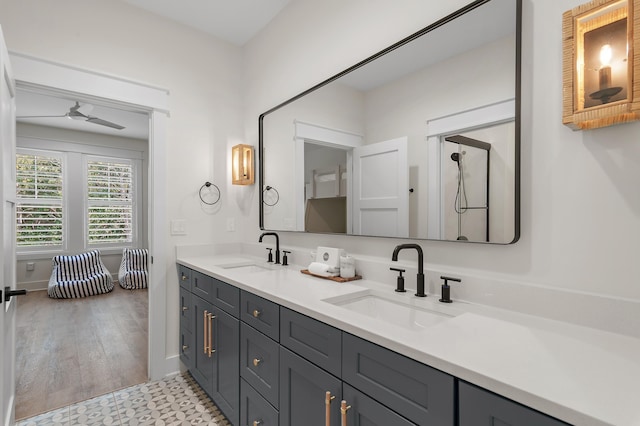 bathroom with vanity and ceiling fan