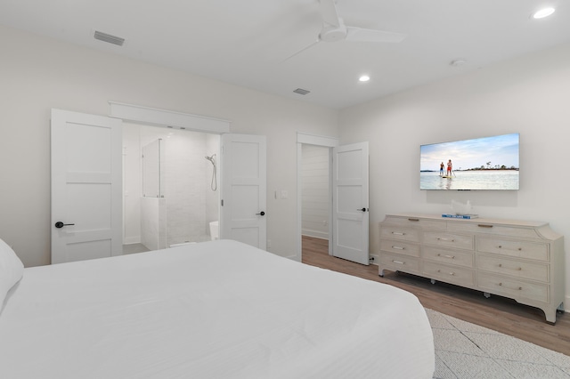 bedroom with ceiling fan and light wood-type flooring