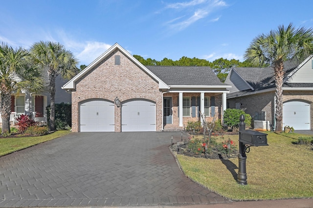 view of front of house featuring a garage, covered porch, and a front yard