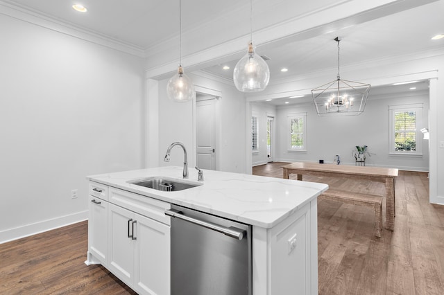 kitchen with sink, light stone counters, a center island with sink, dishwasher, and white cabinets