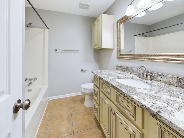 bathroom with visible vents, baseboards, toilet, tile patterned flooring, and vanity