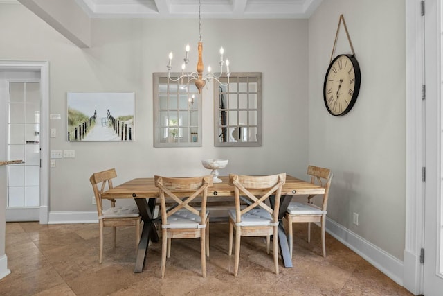 dining area featuring coffered ceiling, a chandelier, and beam ceiling