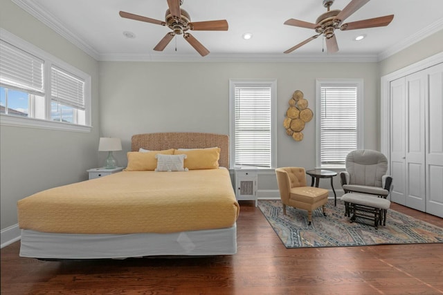 bedroom with ornamental molding, ceiling fan, dark hardwood / wood-style flooring, and a closet