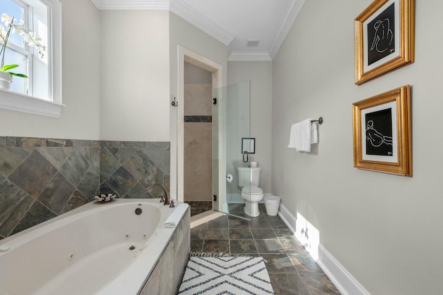 bathroom featuring ornamental molding, independent shower and bath, and toilet