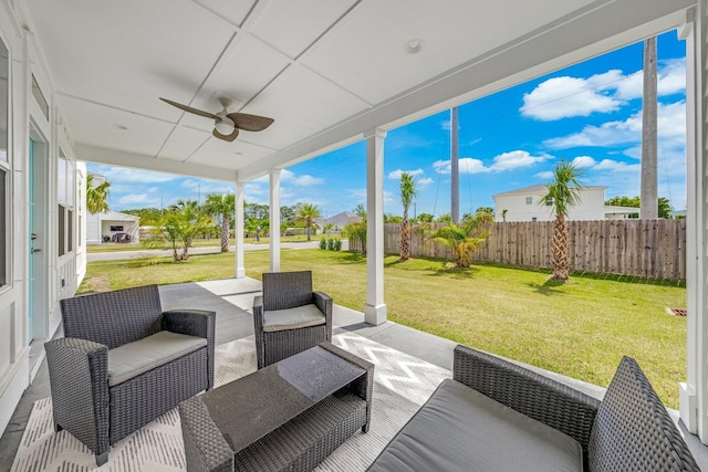 view of patio with an outdoor hangout area and ceiling fan