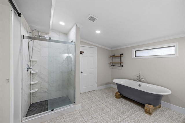 full bathroom with a soaking tub, visible vents, a shower stall, and baseboards