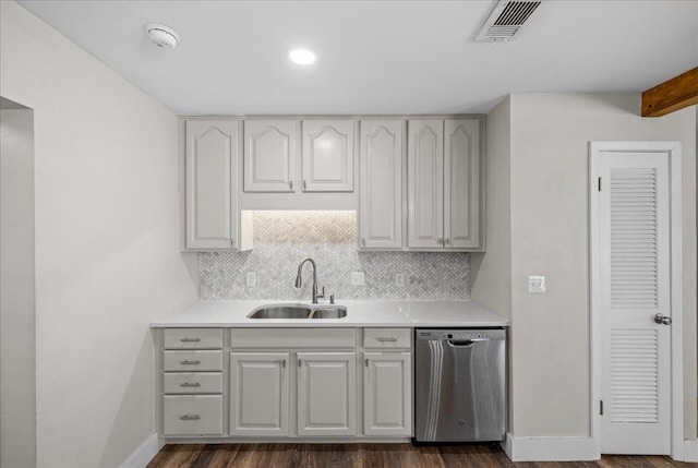 kitchen with tasteful backsplash, light countertops, visible vents, a sink, and dishwasher