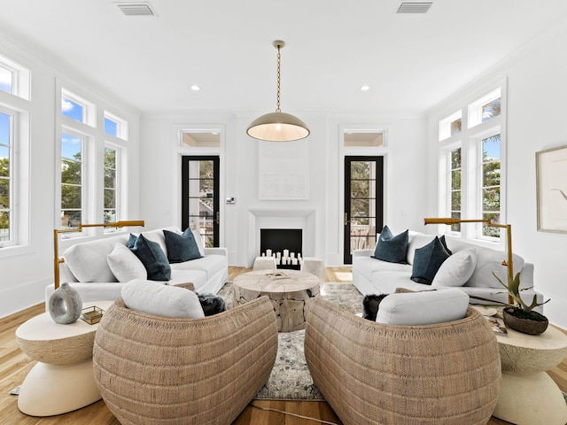 living room with wood-type flooring, plenty of natural light, and crown molding