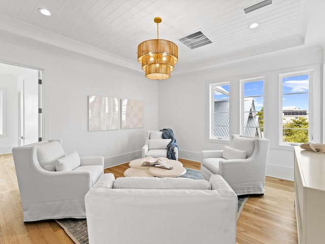 living room featuring wood ceiling and light hardwood / wood-style floors