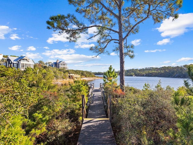 surrounding community with a boat dock and a water view