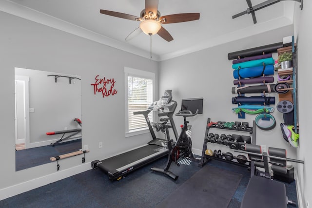 exercise area featuring ceiling fan, crown molding, and baseboards