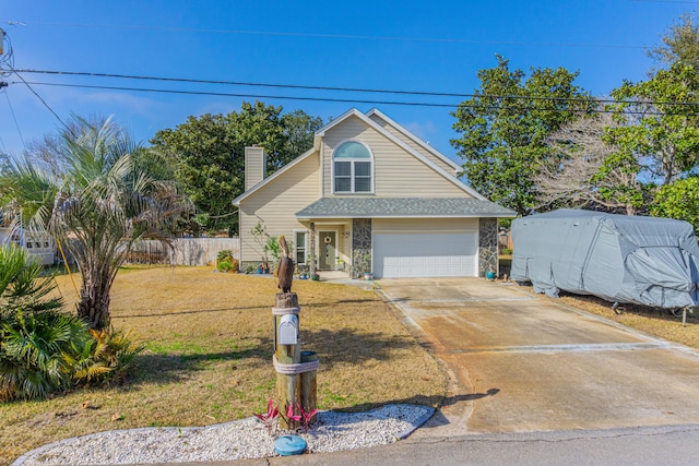 front facade with a garage and a front lawn