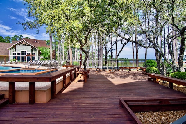 deck featuring a fenced in pool