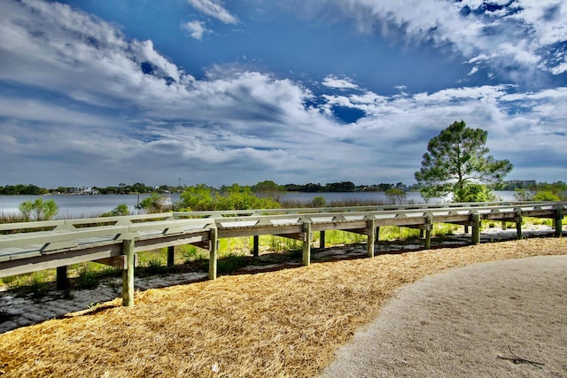 exterior space with a water view