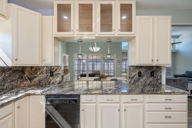 kitchen with glass insert cabinets, black dishwasher, decorative backsplash, and dark stone countertops