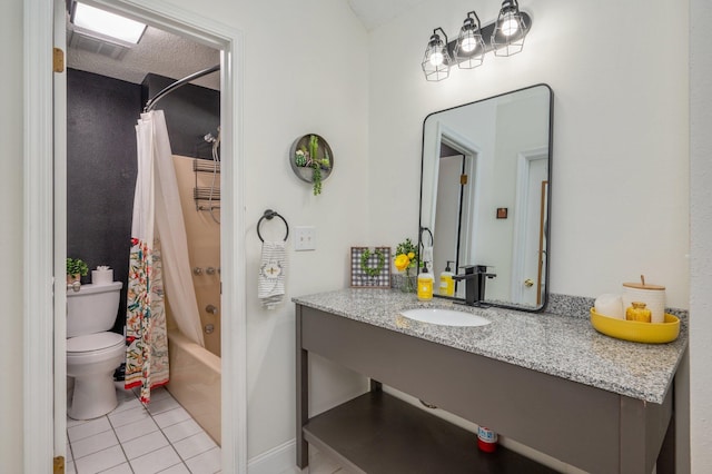 full bath featuring toilet, visible vents, vanity, tile patterned floors, and shower / bath combination with curtain