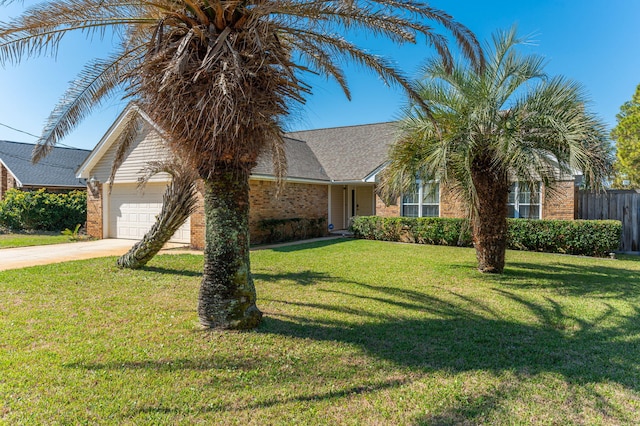 view of front facade featuring brick siding, a front lawn, and an attached garage