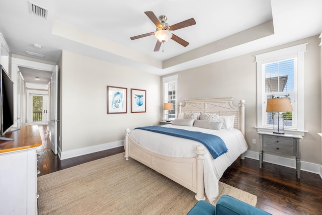 bedroom featuring multiple windows, a tray ceiling, and ceiling fan