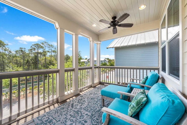 sunroom / solarium featuring ceiling fan and wooden ceiling