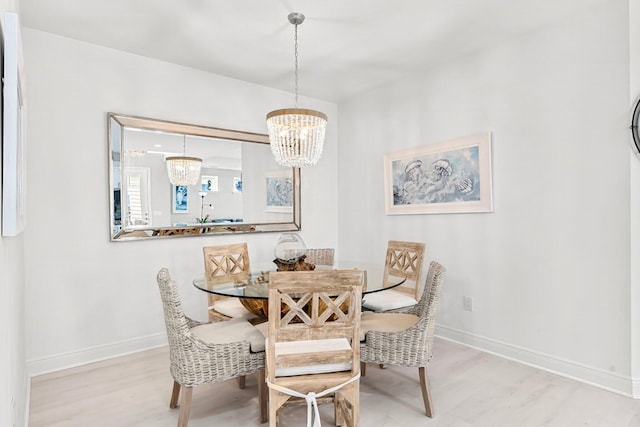 dining area with an inviting chandelier and light wood-type flooring