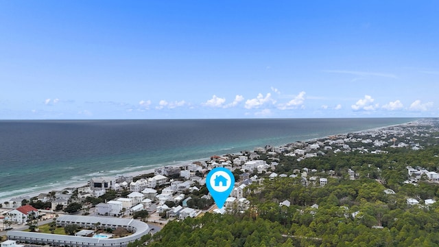 aerial view featuring a water view and a view of the beach