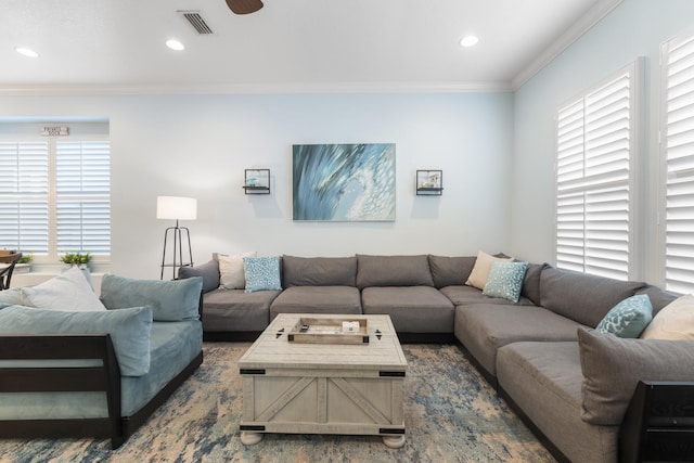 living room featuring ornamental molding