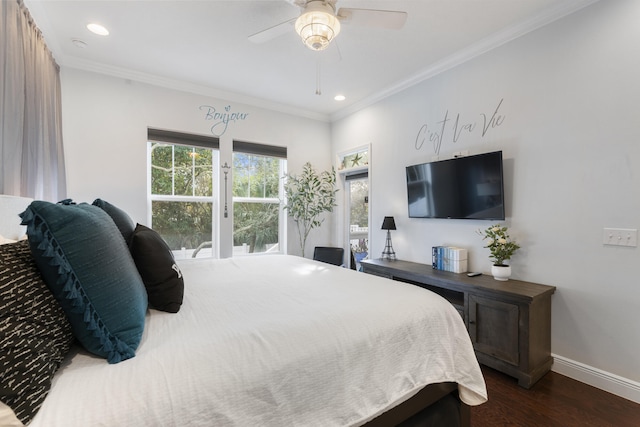 bedroom with crown molding, ceiling fan, and dark hardwood / wood-style flooring