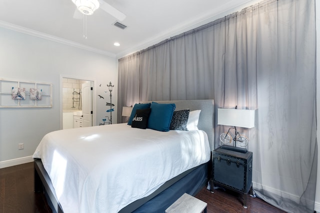 bedroom with dark wood-type flooring, ceiling fan, ensuite bathroom, and ornamental molding